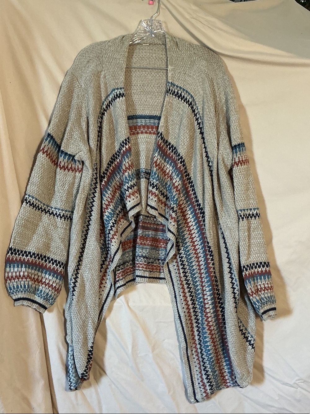 ONE WORLD Cream Open-Front Cardigan with Southwestern style geometric stripes
